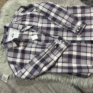 Purple and white plaid flannel shirt